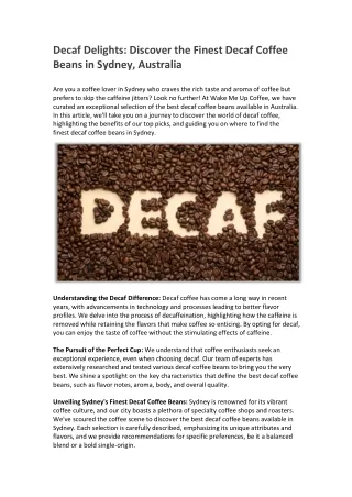 Decaf Delights Discover the Finest Decaf Coffee Beans in Sydney, Australia