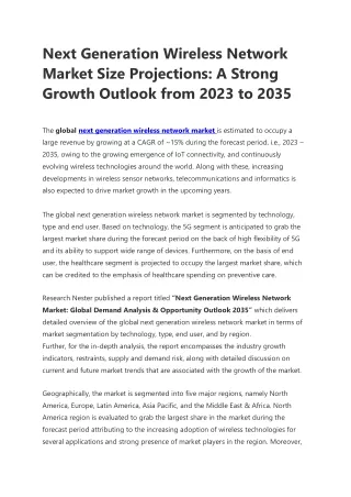 Next Generation Wireless Network Market Analysis, Size, Share, Growth and Trends