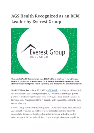 AGS Health Recognized as an RCM Leader by Everest Group
