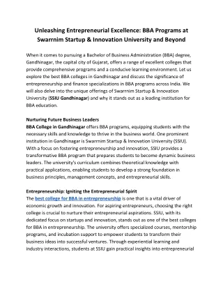 Unleashing Entrepreneurial Excellence - BBA Programs at Swarrnim Startup and Innovation University and Beyond