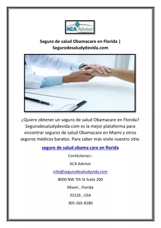 Seguro de salud Obamacare en Florida | Segurodesaludydevida.com