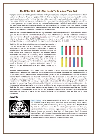 The Elf Bar 600 – Why This Needs To Be In Your Vape Cart