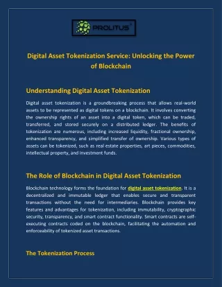 Digital Asset Tokenization Service - Prolitus