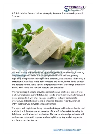 Soft Tofu Market Growth, Industry Analysis, Future Development &  Forecast