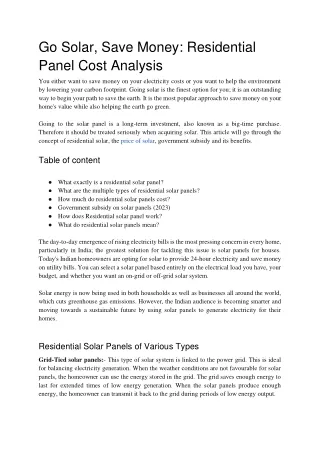 Go Solar, Save Money-Residential Panel Cost Analysis