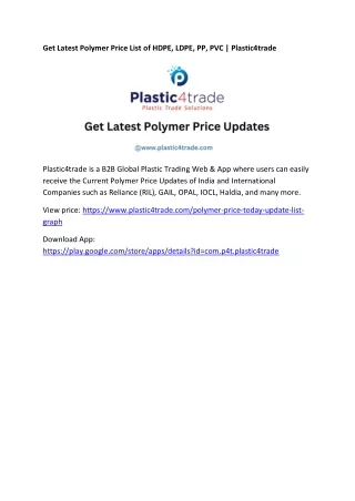 Get Latest Polymer Price List of HDPE, LDPE, PP, PVC | Plastic4trade