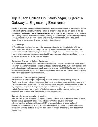 Top B.Tech Colleges in Gandhinagar, Gujarat: A Gateway to Engineering Excellence