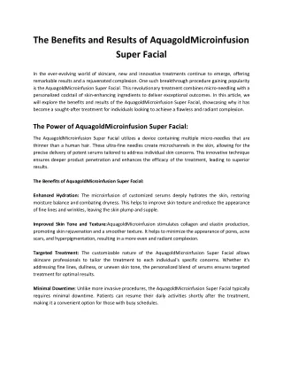 Unveiling the Benefits and Results of Aquagold Microinfusion Super Facial