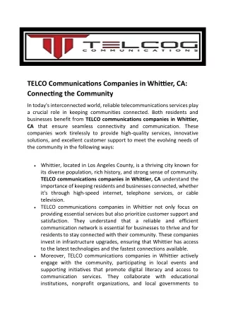 TELCO Communications Companies in Whittier, CA: Connecting the Community