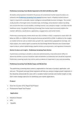 Preliminary Screening Tests Market Expected to Hit US 9.18 billion by 2030