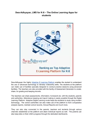 Swa-Adhyayan, LMS for K-8 – The Online Learning Apps for students