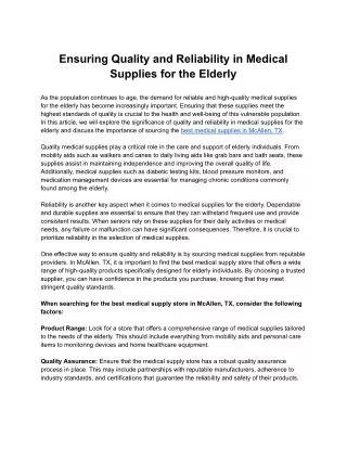 Ensuring Quality and Reliability in Medical Supplies for the Elderly