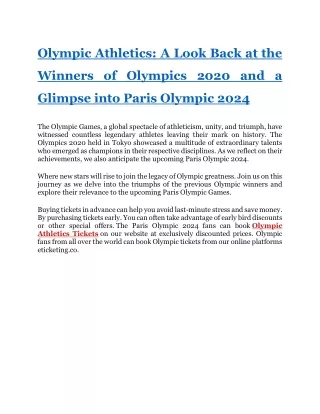 Olympic Athletics A Look Back at the Winners of Olympics 2020 and a Glimpse into Paris Olympic 2024