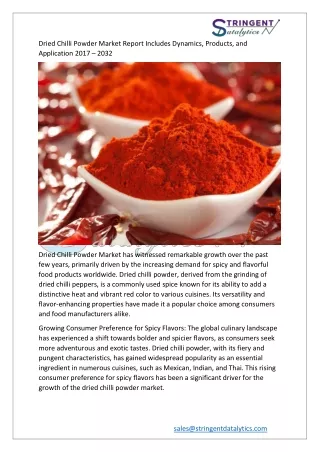 Dried Chilli Powder Market Report Includes Dynamics, Products, and  Application