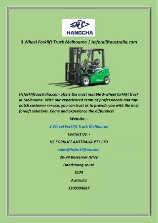 3 Wheel Forklift Truck Melbourne  Hcforkliftaustralia