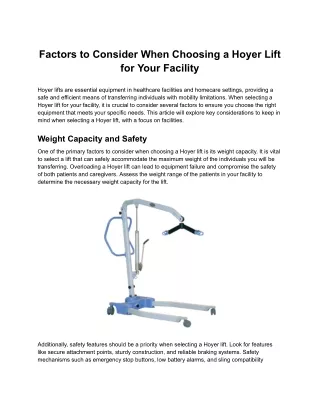 Factors to Consider When Choosing a Hoyer Lift for Your Facility