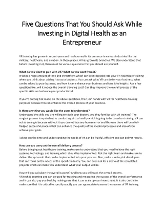 Top 5 Questions That You Should Ask Investing in Digital Health as Entrepreneur