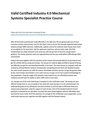 Valid Certified Industry 4.0 Mechanical Systems Specialist Practice Course