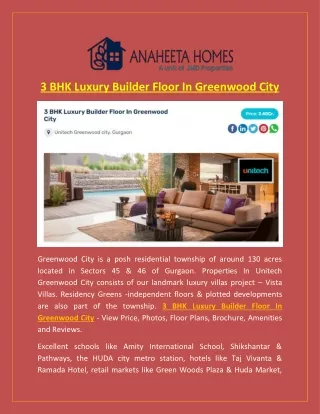 3 BHK Luxury Builder Floor In Greenwood City