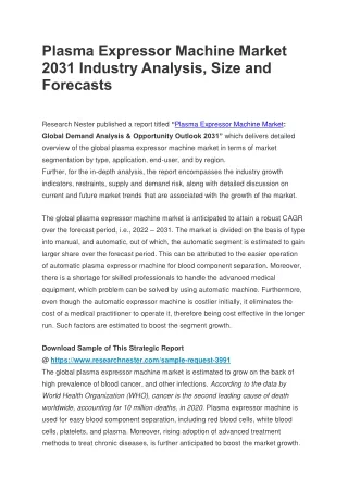 Plasma Expressor Machine Market 2031 Industry Analysis