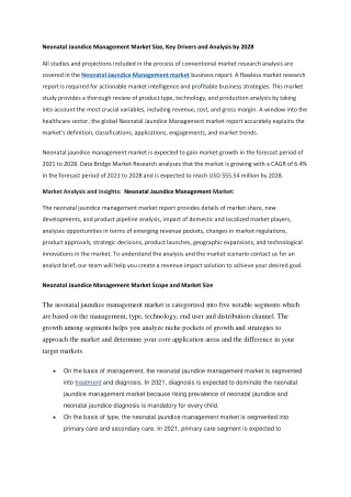 Neonatal Jaundice Management Market Size, Key Drivers and Analysis by 2028