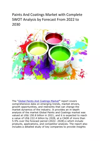 Paints And Coatings Market with Complete SWOT Analysis by Forecast