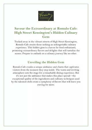 Best Restaurants In High Street Kensington | RomuloCafe.co.uk