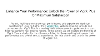 Enhance Your Performance: Unlock the Power of VigrX Plus for Maximum Satisfactio