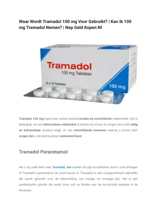 Waar Wordt Tramadol 100 mg Voor Gebruikt