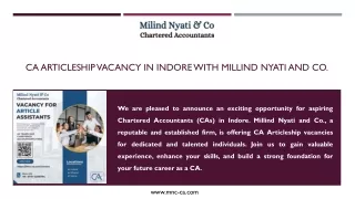 CA Articleship Vacancy in Indore with Millind Nyati and Co.