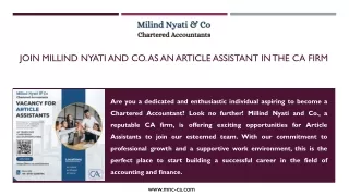 Join Millind Nyati and Co. as an Article Assistant in the CA Firm