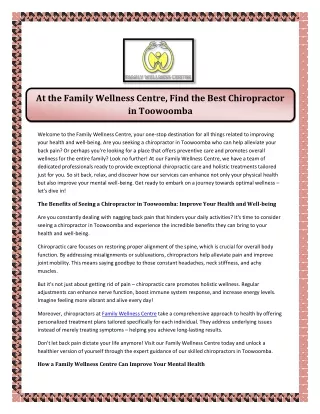 At the Family Wellness Centre, Find the Best Chiropractor in Toowoomba