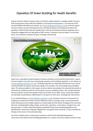Operation Of Green Building for Health Benefits