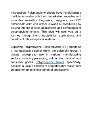 Unleashing the Power and Adaptability of Polypropylene Sheets