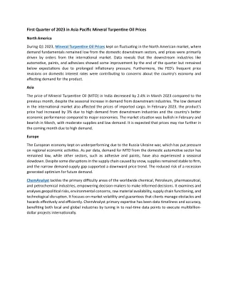 First Quarter of 2023 in Asia Pacific Mineral Turpentine Oil Prices