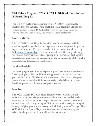 2001 Polaris Magnum 325 4x4 325CC NGK 24 Piece Iridium IX Spark Plug Kit