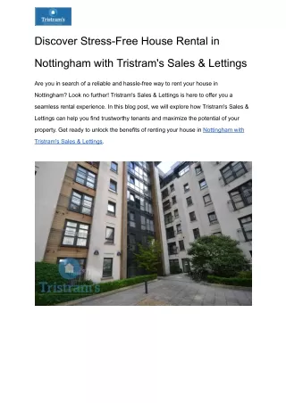 Discover Stress-Free House Rental in Nottingham with Tristram's Sales & Lettings