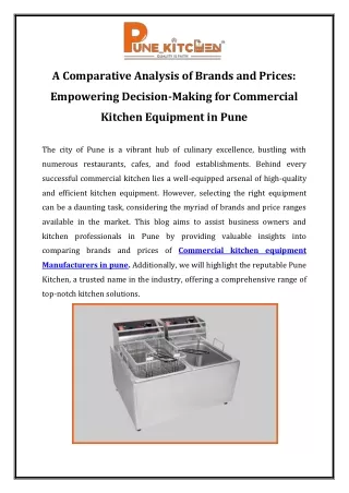 A Comparative Analysis of Brands and Prices Empowering Decision-Making for Commercial Kitchen Equipment in Pune