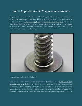 Top 5 Applications Of Magnesium Fasteners