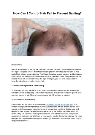 How Can I Control Hair Fall to Prevent Balding By Experts