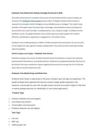 Endotoxin Tests Market Size Outlook, Strategies & Forecast to 2030