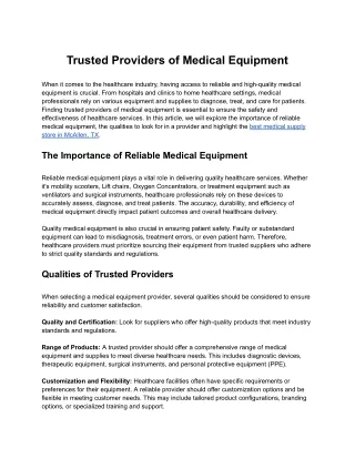 Trusted Providers of Medical Equipment