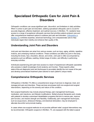 Specialized Orthopedic Care for Joint Pain & Disorders