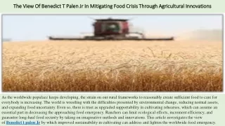 The View Of Benedict T Palen Jr In Mitigating Food Crisis Through Agricultural I