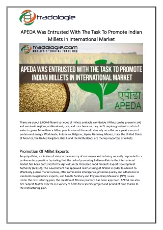 APEDA Was Entrusted With The Task To Promote Indian Millets In International Market