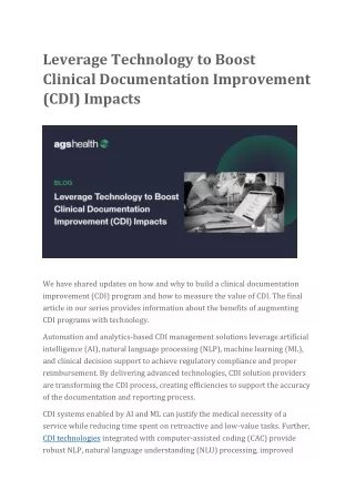 Leverage Technology to Boost Clinical Documentation Improvement (CDI) Impacts