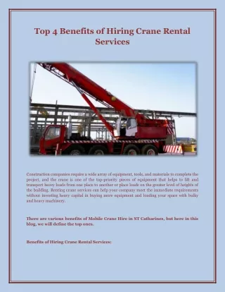 Top 4 Benefits of Hiring Crane Rental Services