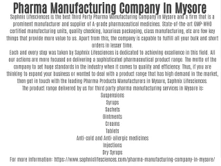 Pharma Manufacturing Company In Mysore