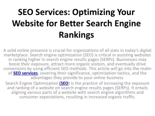 SEO Services Optimizing Your Website for Better Search Engine Rankings