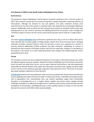 First Quarter of 2023 in Asia Pacific Sodium Molybdate Prices Online